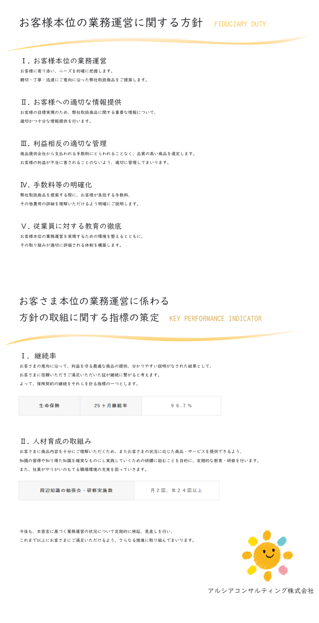 Ⅰ.お客様本位の業務運営
お客様に寄り添い、ニーズを的確に把握します。
親切・丁寧・迅速にご意向に沿った弊社取扱商品をご提案します。

Ⅱ.お客様への適切な情報提供
お客様の目標実現のため、弊社取扱商品に関する重要な情報について、
適切かつ十分な情報提供を行います。

Ⅲ.利益相反の適切な管理
商品提供会社から支払われる手数料にとらわれることなく、品質の高い商品を選定します。
お客様の利益が不当に害されることのないよう、適切に管理してまいります。

Ⅳ.手数料等の明確化
弊社取扱商品を提案する際に、お客様が負担する手数料、
その他費用の詳細を理解いただけるよう明確にご説明します。

Ⅴ.従業員に対する教育の徹底
お客様本位の業務運営を実現するための環境を整えるとともに、
その取り組みが適切に評価される体制を構築します。

アルシアコンサルティング株式会社